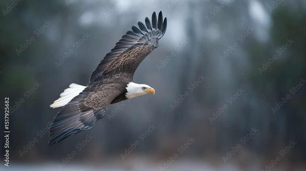 Fototapeta premium Majestic bald eagle soaring through misty twilight, embodying freedom with each wingbeat, evokes Independence Day's spirit, symbol of resilience