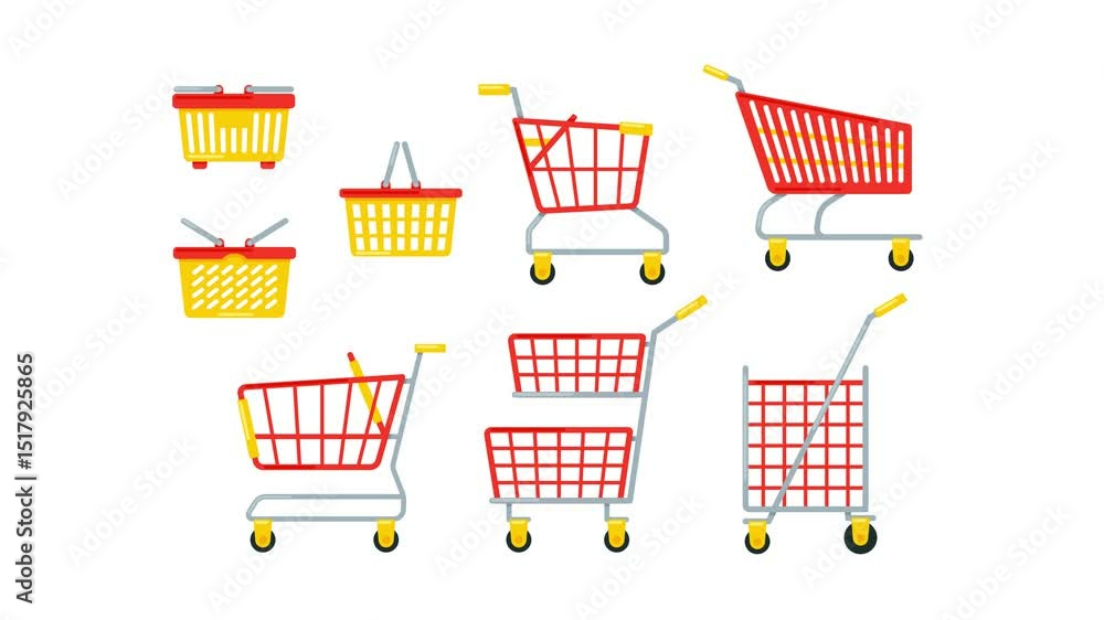 Shopping carts and baskets rotating on white and green screen