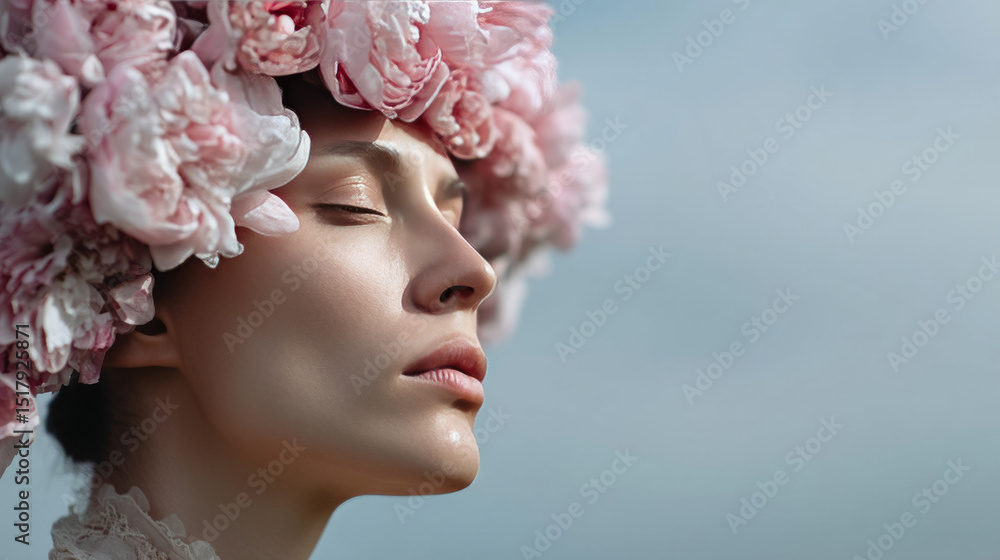 Serene Caucasian woman adorned with blooming peony crown, embodying Beltane's floral symphony and ephemeral spring's breath Serene Caucasian woman adorned with blooming peony crown, embodying Beltane's floral symphony and ephemeral spring's breath