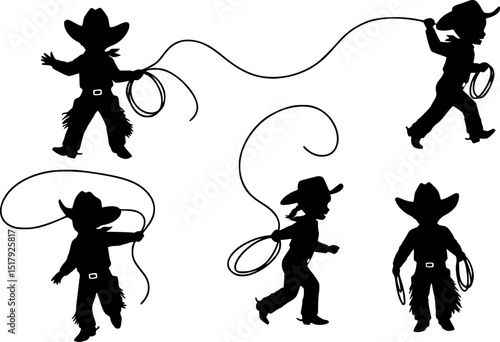 set of Vector silhouettes of a young cowboy and cowgirl children playing. A young little cowboy with a lasso rope is chasing and roping a young cowgirl.
. with white background