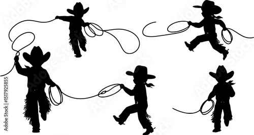 set of Vector silhouettes of a young cowboy and cowgirl children playing. A young little cowboy with a lasso rope is chasing and roping a young cowgirl.
. with white background