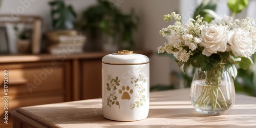 Elegant White Ceramic Pet Urn with Gold Paw Print and Photo on Wooden Table