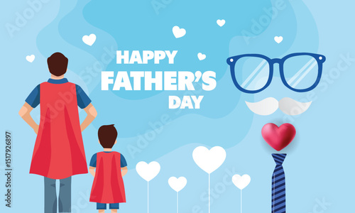 Father's Day poster or banner template with symbol of Dad from hat,glasses and mustache.Greetings and presents for Father's Day in flat lay styling.Promotion and shopping template for love dad