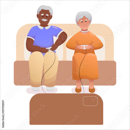 Cute elderly couple playing video games together. Happy seniors spending time together actively