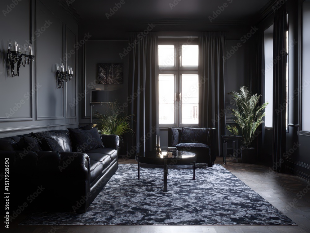 Fototapeta premium Dark, opulent living room with black leather furniture and patterned rug.