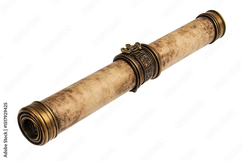 Antique scroll, rolled parchment document with ornate brass bands Antique scroll, rolled parchment document with ornate brass bands