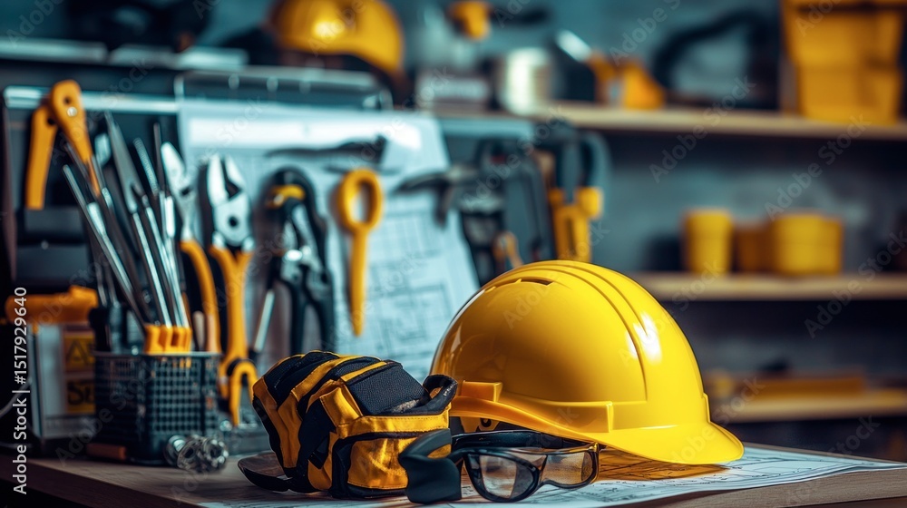 Workshop tools and safety equipment on a workbench. Workshop tools and safety equipment on a workbench.