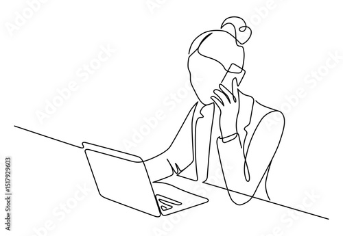 Faceless portrait of woman on phone line drawing. Hand-drawn freelancer, saleswoman or customer service line art. Hand drawn vector illustration with editable stroke. Isolated on transparent backgroun