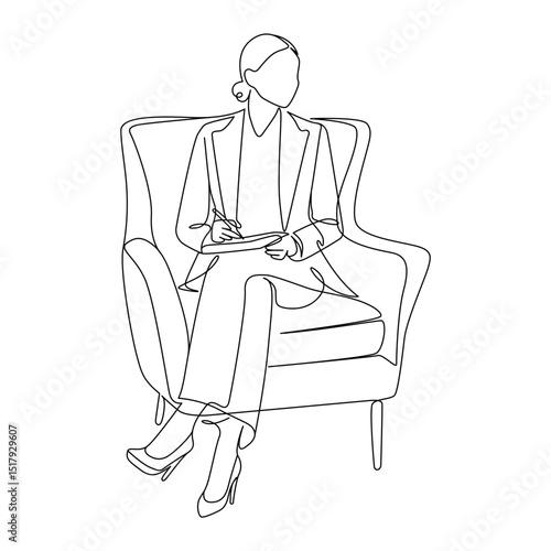 Woman sitting on armchair line drawing. Hand-drawn therapy session or contest judge line art. Hand drawn vector illustration with editable stroke. Isolated on transparent background.