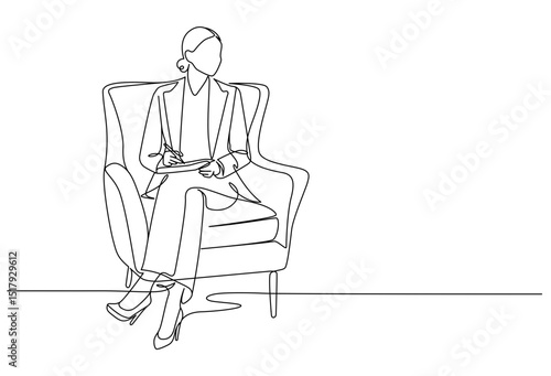 Woman sitting on armchair line drawing. Hand-drawn therapy session or contest judge line art. Hand drawn vector illustration with editable stroke. Isolated on transparent background.