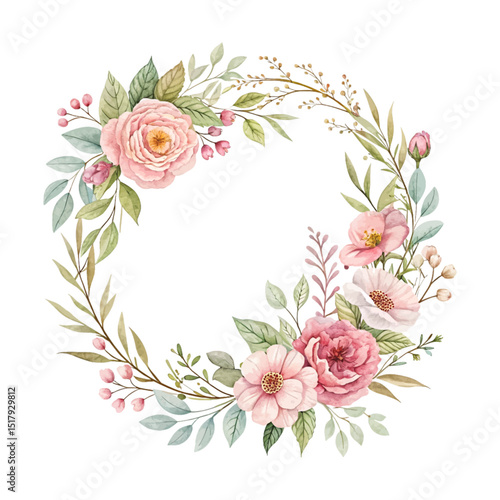 Watercolor floral wreath with pink roses, beautifully hand painted on white background, ideal for romantic greeting cards, invitations, and botanical wedding decor