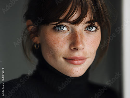 close-up portrait of a woman in a black turtleneck sweater