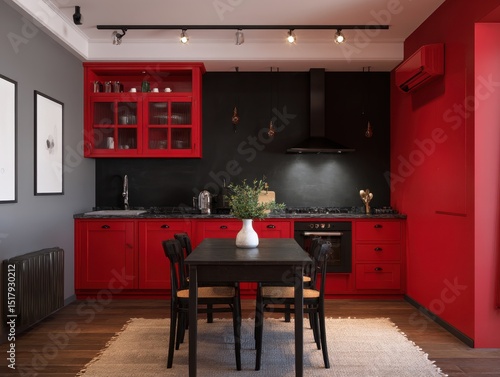 A red and black kitchen wit...