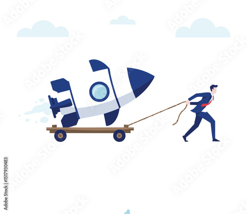 Achieving Business Growth A Man Pulling a Rocket on a Cart, Symbolizing the Hard Work and Determination Needed for Success and Innovation