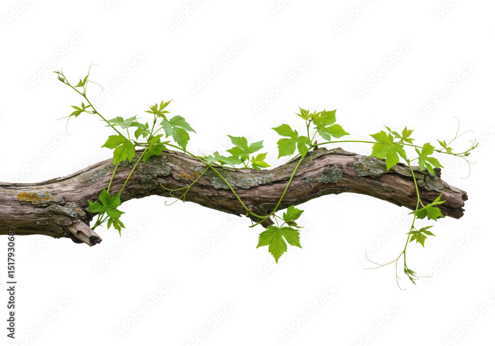 Fototapeta premium Vine growing on old wood branch isolated on transparent background