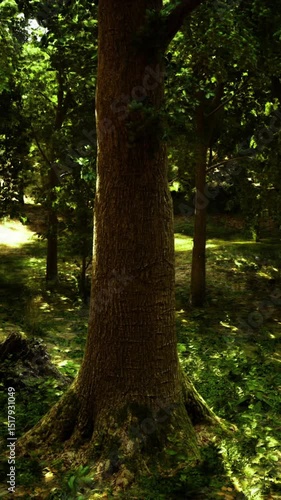 Wallpaper Mural Sunlight streams through vibrant green leaves, illuminating a tranquil forest. Moss covers the ground, and the air feels fresh in this peaceful natural haven. Torontodigital.ca