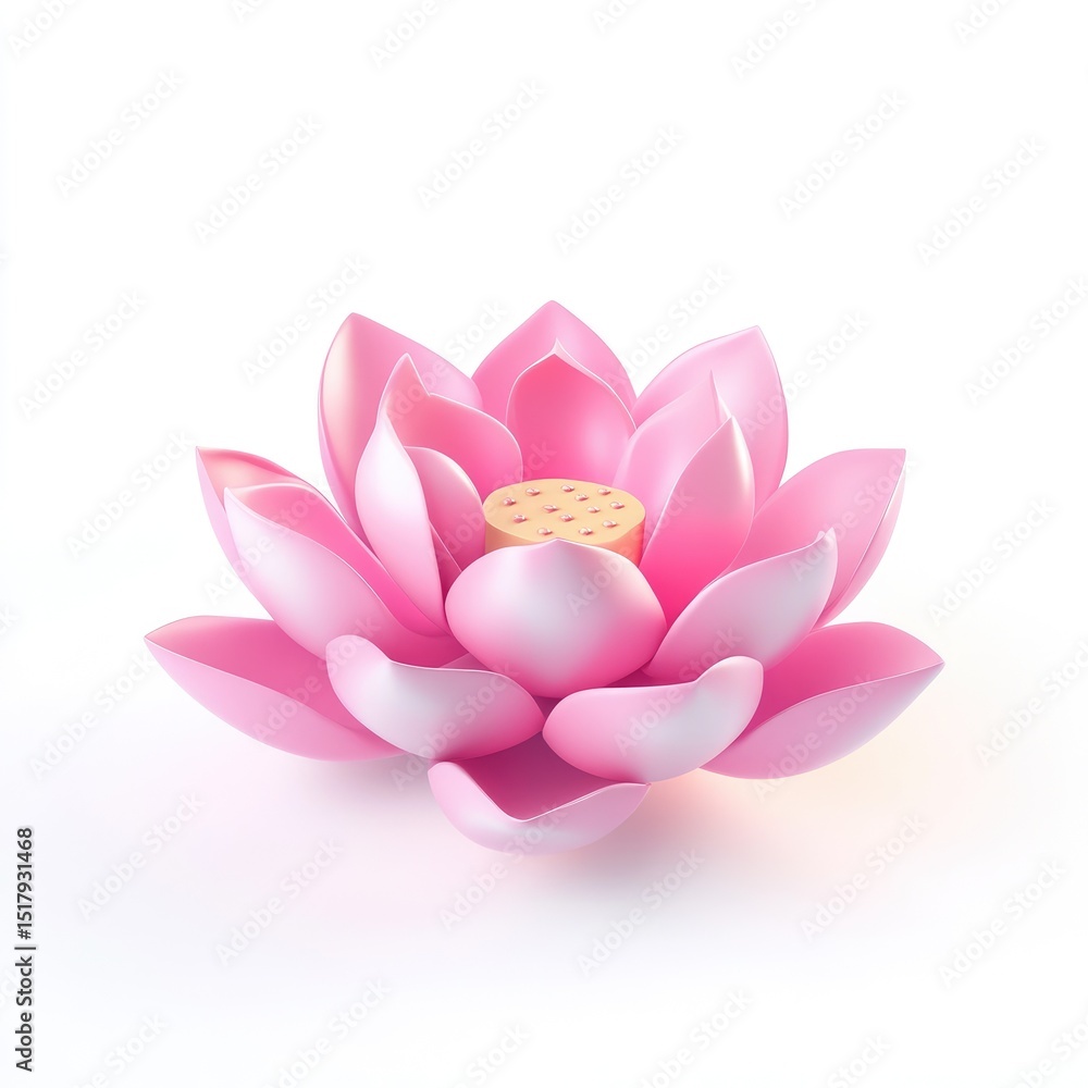 A light pink, digitally rendered lotus flower, showcasing its delicate petals and central seed pod against a stark white background A light pink, digitally rendered lotus flower, showcasing its delicate petals and central seed pod against a stark white background