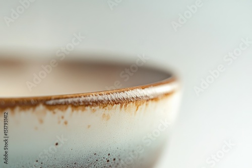Close-up of a ceramic bowl's rim, showcasing its unique brown and white glaze.