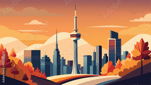 Toronto skyline illustration cityscape autumn season art