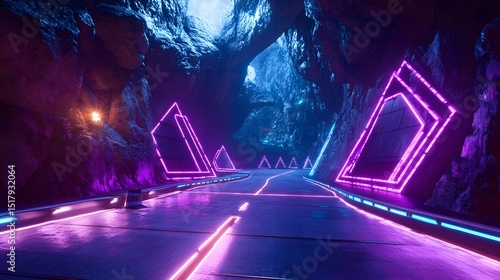 Fototapeta Naklejka Na Ścianę i Meble -  Neon-lit tunnel road with geometric shapes.