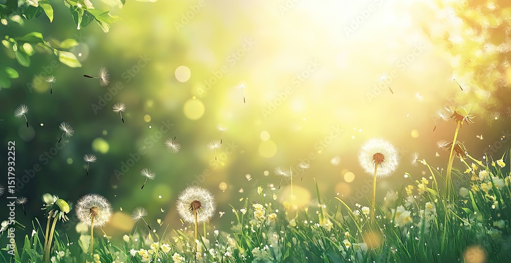 Obraz premium Springtime meadow, dandelion seeds, sunlight