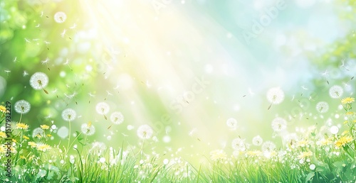 Spring sunbeams through dappled green foliage with dandelions