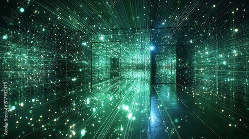 Wallpaper Mural Immersive Digital Installation Featuring Green Light Streaks in Dark Hallway Torontodigital.ca