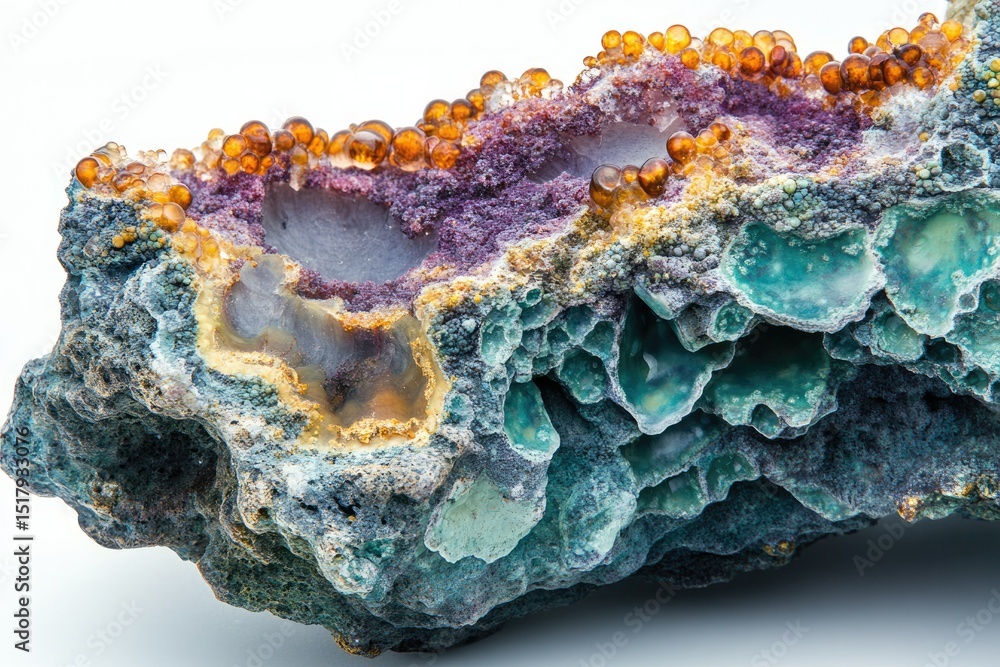 Obraz premium Vibrant gemstone with purple, teal, and orange hues, showcasing intricate textures and captivating color variations.