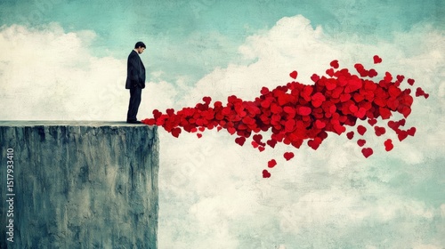 A man in a suit stands on a cliff, looking down at a sea of red hearts floating in the air.