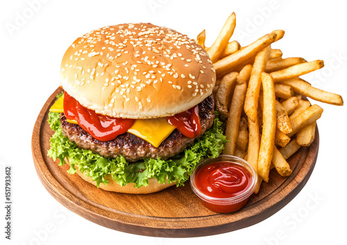 Delicious hamburger with french fries and ketchup served on a wooden plate