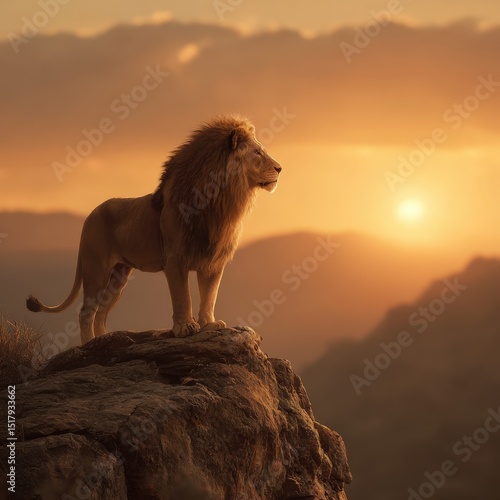 Majestic Lion Standing on Rock During a Beautiful Sunset in the Savannah