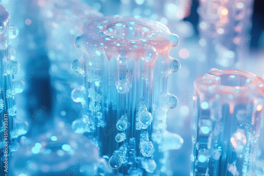 Abstract microscopic image depicting a vibrant, bioluminescent, crystalline structure. Abstract microscopic image depicting a vibrant, bioluminescent, crystalline structure.