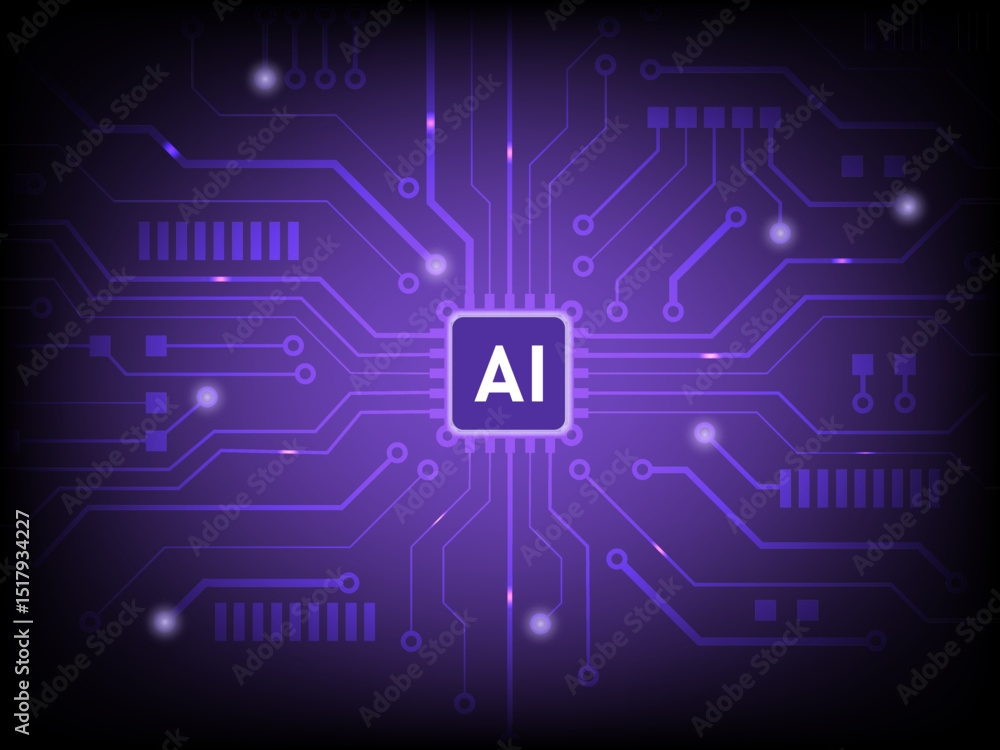 Futuristic AI circuit board with glowing purple technology network connections Futuristic AI circuit board with glowing purple technology network connections