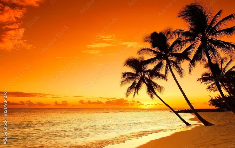 Silhouette palm trees at sunset on Hawaiian beach with orange sky and calm ocean, tropical paradise vacation concept Silhouette palm trees at sunset on Hawaiian beach with orange sky and calm ocean, tropical paradise vacation concept