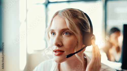 Fotografie Call center, listen or woman with customer service headset, sales consulting or loan advice
