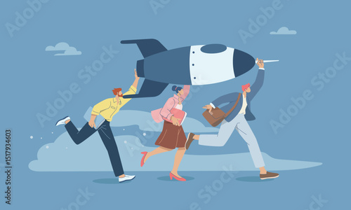 Working as a team to develop new project launches, Creating initiatives or opportunities for business growth, Business team helps carry rocket to launch,  Flat vector design illustration.