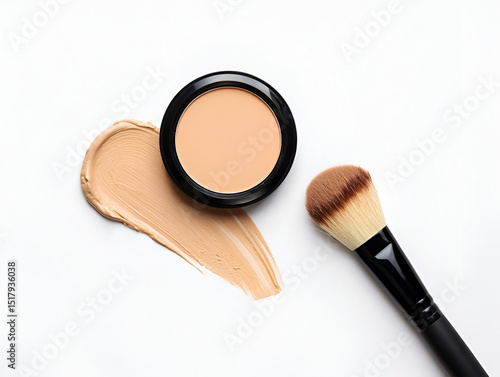 Face powder compact, foundation smear, and makeup brush isolated on white background for applying cosmetics and beauty products