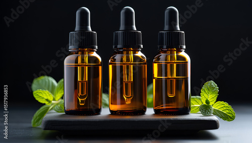Three amber dropper bottles filled with essential oil and fresh mint leaves on a dark background, showcasing natural health and wellness products