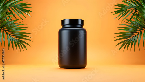 Black supplement bottle with palm leaves on orange background, showcasing a health and wellness product mockup