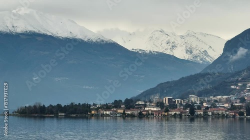 Winter mountain and lakeside town view