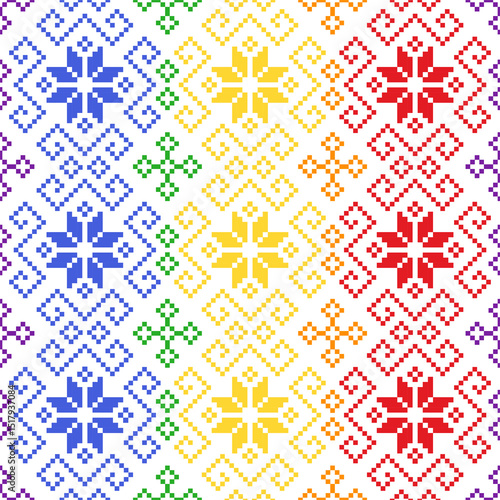 Pixel art features colorful cross-stitch floral and diamond motifs in rows, bordered with rainbow stripes. Pixel art patterns for pride month, fabric, carpet, tile, clothing, embroidery, needlepoint