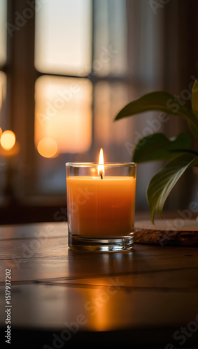 Candlelight in a glass jar illuminating a wooden table with a plant and a blurred sunset background