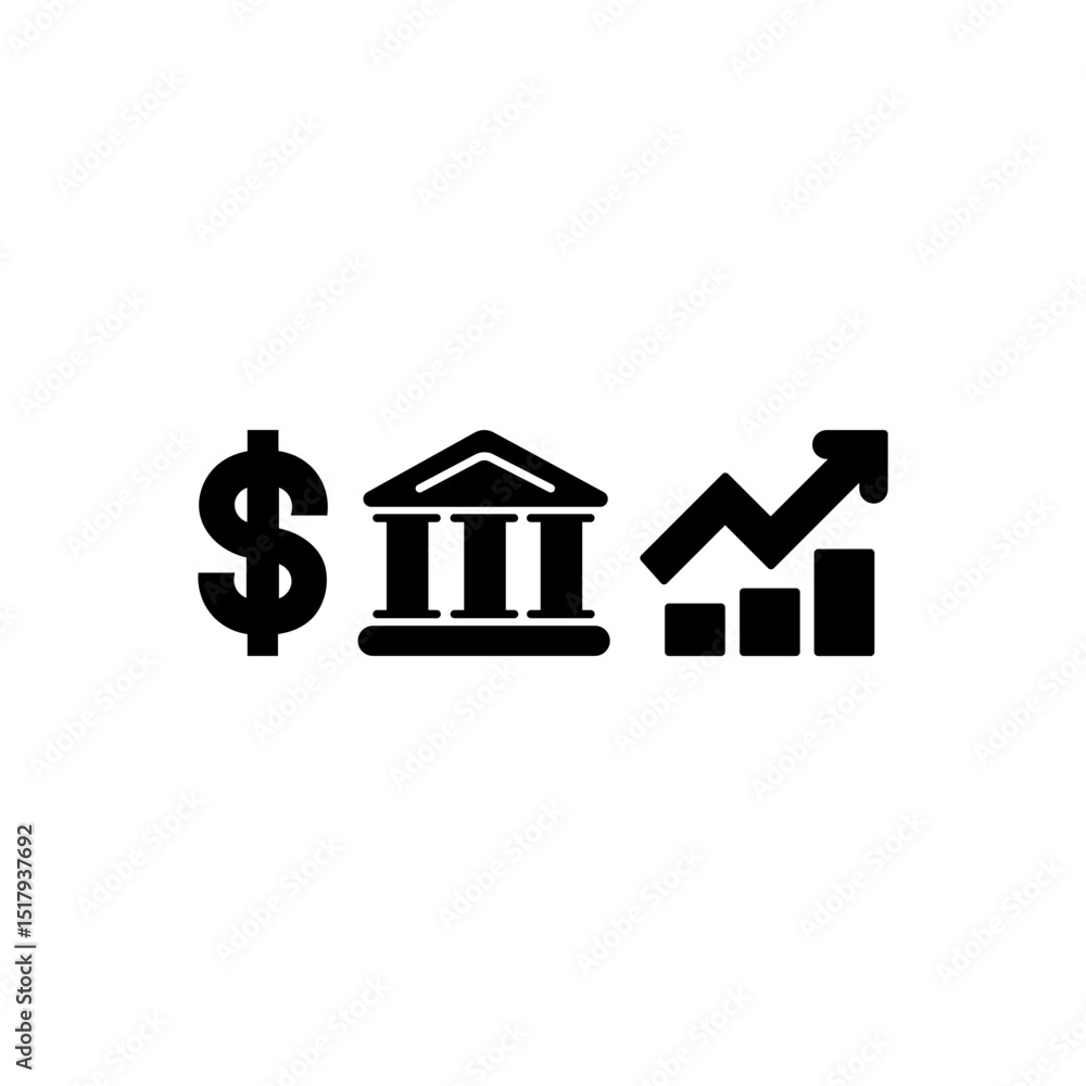 Bold Finance Icon Set – Dollar, Bank, and Growth Chart Silhouette Symbols for Business and Investment Design Bold Finance Icon Set – Dollar, Bank, and Growth Chart Silhouette Symbols for Business and Investment Design