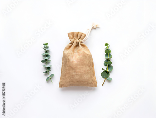 Burlap sack with eucalyptus leaves isolated on white background, featuring a small jute pouch and green foliage in a minimal flatlay style