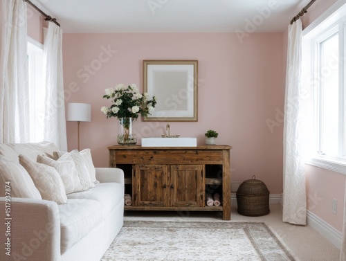 Light beige couch and woode...