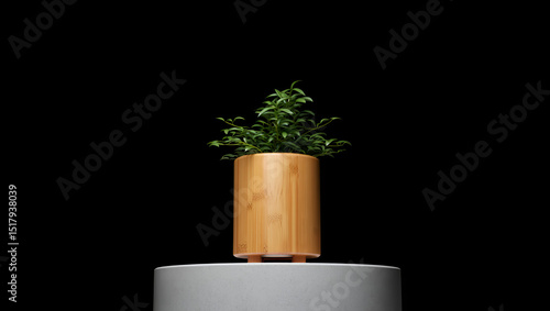 Green leafy plant in a bamboo pot on a concrete pedestal against a black background