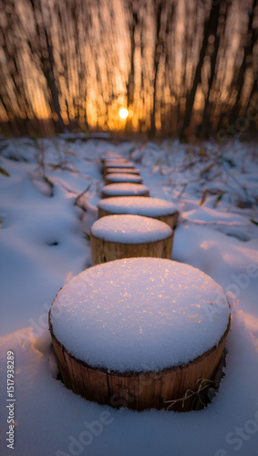 Snow covered wooden logs path through a forest at sunset in winter