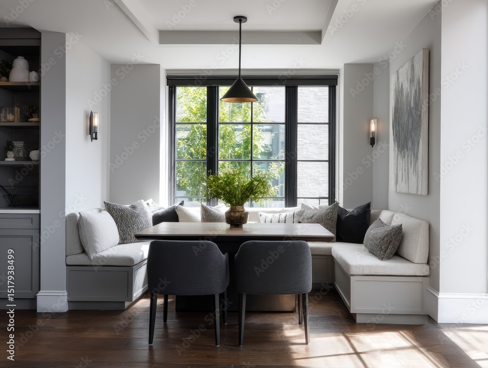 Fototapeta premium A modern, cozy dining nook with a bay window.