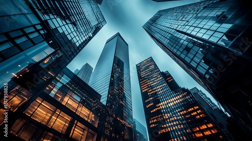 Wallpaper Mural Dark cityscape with towering glass skyscrapers and neon reflections. Torontodigital.ca