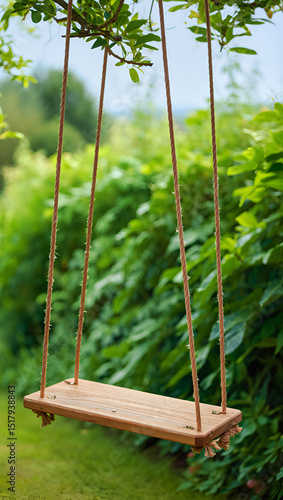 Wooden swing hanging from a tree branch in a lush green garden, inviting childhood fun and outdoor play on a tranquil summer day